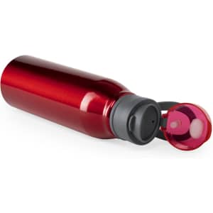 A drink bottle in shiny red with a grey cap and a detachable lid. It has a sleek, cylindrical design.