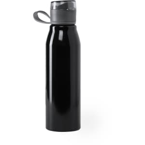 A drink bottle in sleek black with a grey lid and carrying loop, featuring a logo on its surface.