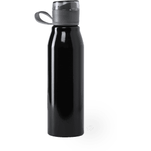 A drink bottle in glossy black with a lid and a carrying loop, featuring a logo.