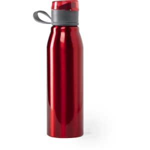 A drink bottle in shiny red with a grey lid and a built-in carry loop, featuring a logo.