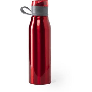 A drink bottle in shiny red metal with a grey cap and a built-in handle. It features a logo.