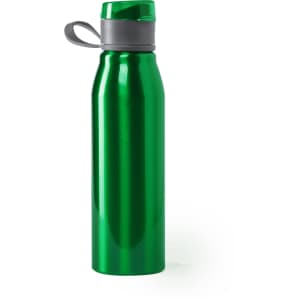 A drink bottle in a vibrant green finish with a grey cap, featuring a sleek metallic design and logo.