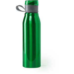 A green drink bottle with a grey lid, featuring a sleek, metallic finish and a built-in grip handle.