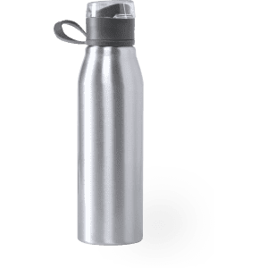 A drink bottle in metallic silver with a grey lid features a built-in handle and has a logo on its side.