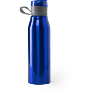 A drink bottle in shiny blue with a grey cap and a built-in handle. It features a logo on the side.