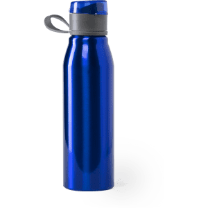 A drink bottle in shiny blue with a grey lid and a loop for easy carrying. It features a logo.