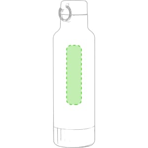 A drink bottle in white with a green dashed area, featuring a looped cap and a simple design.