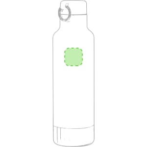 A drink bottle in a sleek design with a silver finish, featuring a logo area highlighted in green.