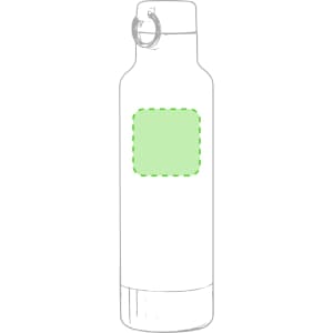 A drink bottle with a stainless steel finish, featuring a logo area and a screw-on lid.
