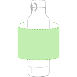 A drink bottle with a cylindrical shape and a transparent green sleeve. It features a metal cap and a ring.