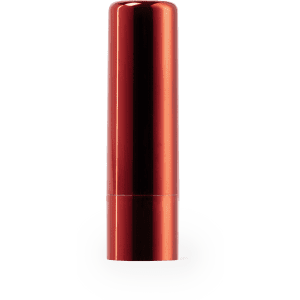 A shiny red lip balm container with a cylindrical shape and a twist-up mechanism. It features a logo on the front.