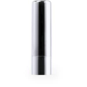 A silver lip balm container with a sleek, cylindrical design. It features a branding logo on the side.
