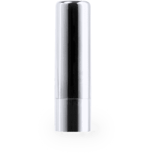 A silver lip balm tube with a sleek, shiny finish and a simple design. It features a circular base and a cylindrical shape.