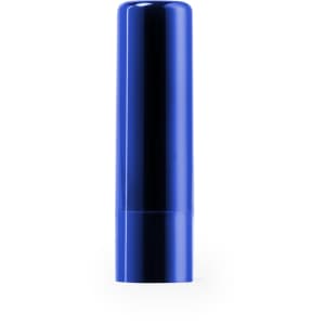 A blue lip balm stick with a sleek design and a reflective finish. The product features a branding logo.