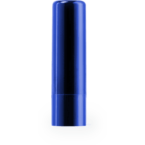 A blue lip balm tube with a sleek, shiny finish, featuring a branding logo on the surface.