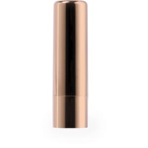 A rose gold lip balm container with a sleek, cylindrical design and a branding logo on its surface.