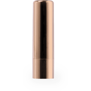 A cylindrical lip balm tube in a shiny rose gold finish, featuring a smooth design and a branding logo.