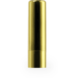 A gold lip balm tube with a sleek design, featuring a simple branding logo.