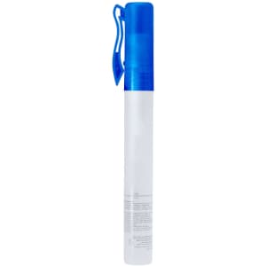 A spray bottle containing hydroalcoholic gel, featuring a blue lid and a clear body.