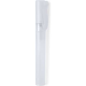 A clear, slim spray bottle with a white cap, designed for dispensing gel sanitiser.