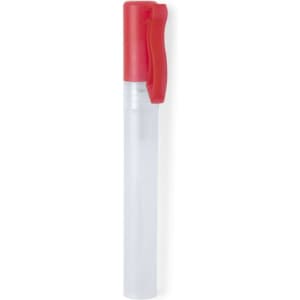 A clear spray bottle with a red trigger handle, designed for dispensing liquid.