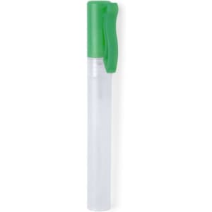 A clear, cylindrical bottle with a green spray nozzle, designed for holding hydroalcoholic gel.