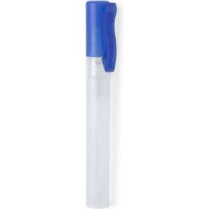 A clear hand sanitiser bottle with a blue cap, featuring a simple design and a spray nozzle.