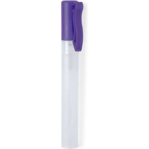 A clear bottle with a purple cap, designed for containing hydroalcoholic gel. It features a branding logo.