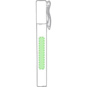 A slender clear bottle of hand sanitiser with a green band, featuring a clipping mechanism for easy attachment.