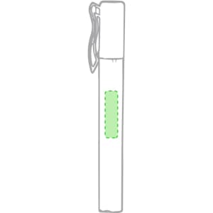A slender hand sanitiser bottle in a clear design with a green accent, featuring a clip for easy attachment.
