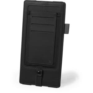 A black charger organiser with card slots and a secure closure. It features a sleek, minimalist design.