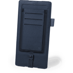 A navy phone charger organiser featuring a textured surface and slots for cards, with a secure closure.