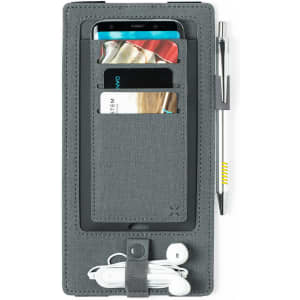 A grey organiser with a phone pocket, card holder, and space for earphones and a pen. It features a branding logo.