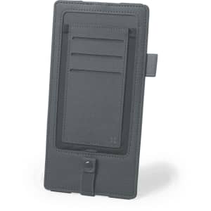 A grey phone charger organiser featuring card slots and a flap closure. It has a simple, sleek design.