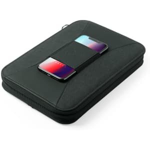 A black organiser with a sleek design, featuring a smartphone secured on top, designed for power banks.
