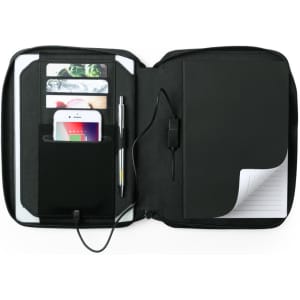 A black power bank organiser, featuring slots for cards, a phone, a pen, and a notepad. It has a logo on the front.