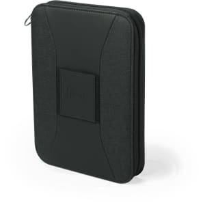 A black and grey power bank organiser with a zip closure and a textured outer surface. It features a logo on the front.