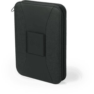 A black power bank organiser with a textured design, featuring a zip closure and an embedded logo.