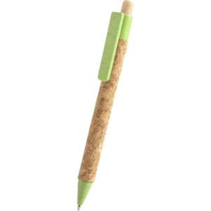 A cork pen with a green clip and tip, designed for writing. It features a simple, eco-friendly design.
