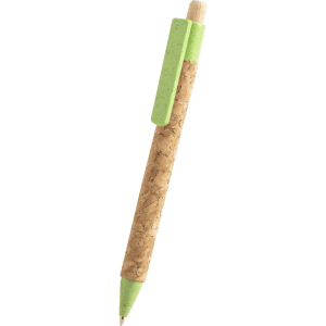 A pen with a cork body and green accents, featuring a clip and a pointed tip. It has a logo on the barrel.