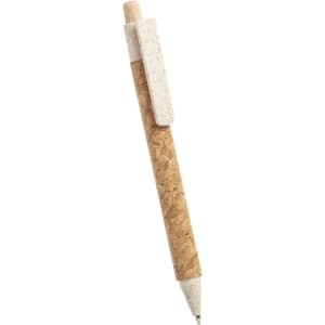 A cork pen with a light-coloured clip and a grey tip, featuring a logo on the body.