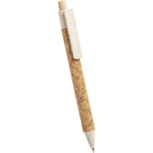A cork pen with a white clip and tip, featuring a natural textured finish.