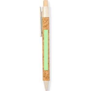 A pen featuring a natural cork barrel, metallic accents, and a green highlight in the middle. It includes a clip.