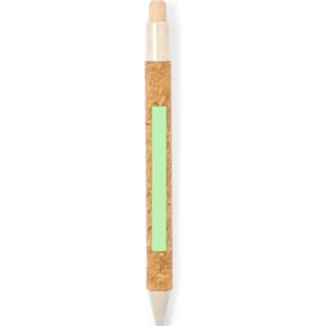 A cork and green accent pen with a wooden tip, featuring a logo on the barrel.