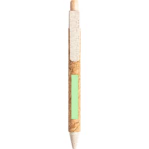 A pen with a cork body, white clip, and green accent. It features a simple design with natural textures.