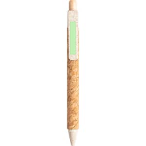 A biodegradable pen featuring a cork barrel and a green clip, with a white tip for writing.