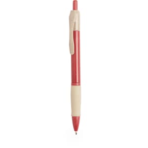 A red pen with a beige grip and clip, featuring a standard design and a branding logo.