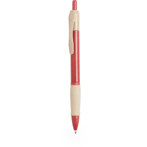 A red pen with a beige grip and a clip, featuring a smooth writing tip. The pen includes a logo.