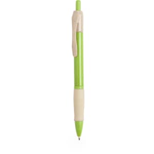 A green pen with a beige grip and clip, featuring a smooth writing tip. It has a simple design and a branding logo.
