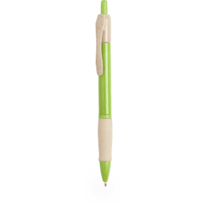 A green pen with a light-coloured grip and a clip at the top. It features a branding logo.